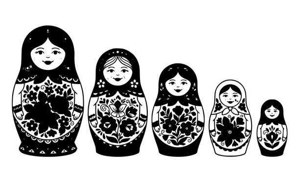 Russian Matryoshka Nesting Dolls Black Silhouette Vector Set