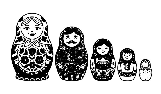 Russian Matryoshka Nesting Dolls Black Silhouette Vector Set
