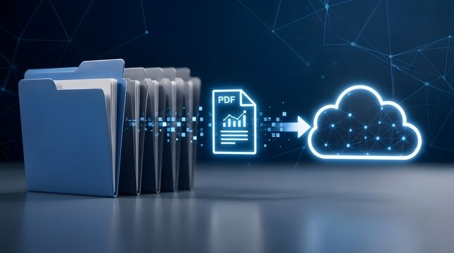 Document Digitization and Cloud Storage Concept with Folders and PDF File Transfer