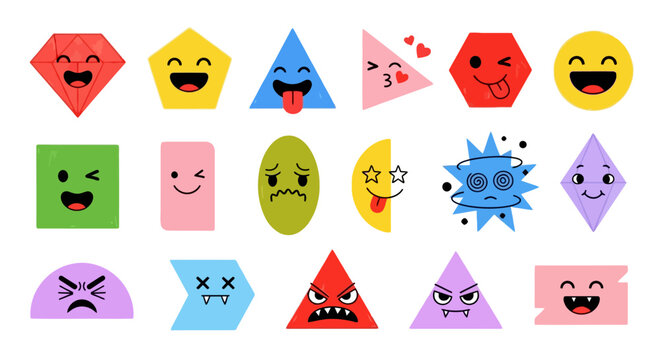 Geometric shape emoji characters set, colorful 18 icons collection with cute faces, funny cartoon math shapes for education and social media
