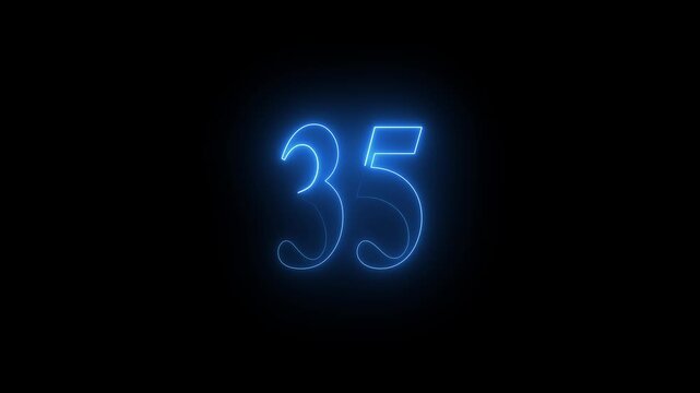 Bright blue neon number 35 glowing on black background thirty five