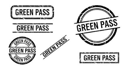 Obraz premium Vintage Green Pass rubber stamp collection, black grunge ink texture seal set, 6 distressed health certificate icons for travel and access
