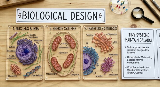 Cellular Biology Educational Panels: Mitochondria, Nucleus, and Transport Systems Displayed