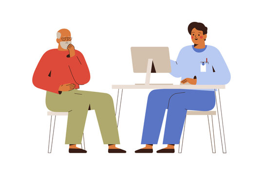 males doctor talks with senior man. Medical exam of elderly male patient in hospital. Physical and mental health support and care men's health age-related issues. Vector illustration