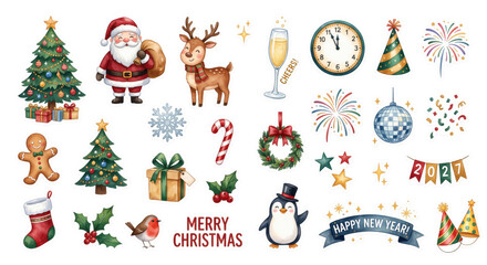 Naklejka premium Watercolor Christmas and New Year sticker pack with Santa, reindeer, gifts, and fireworks isolated on white or transparent background