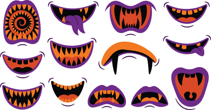 Set of cartoon monster mouths with sharp teeth, fangs, and tongues, vector illustration of funny creature expressions for halloween design