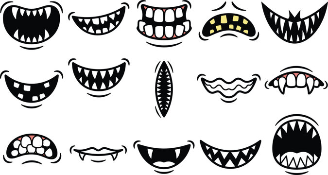 Set of cartoon monster mouths with sharp teeth and fangs, vector illustration