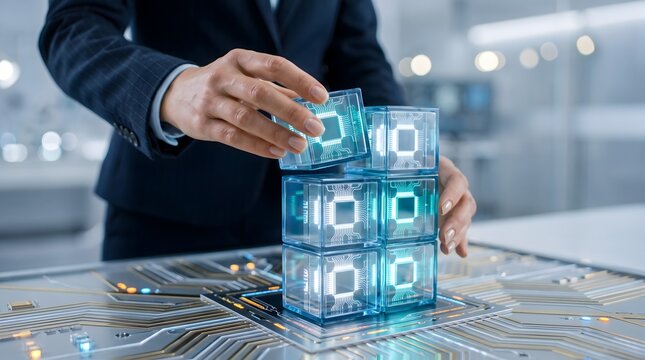 Modular software development framework illustrating hands stacking illuminated microchip building blocks on advanced motherboard circuitry
