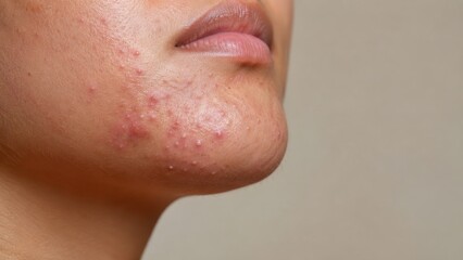 Fototapeta premium Close-up of face with inflamed skin and acne on chin and jawline of young adult