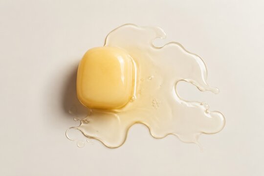 Close up of melting yellow soap bar on smooth cream surface with liquid moisture spread
