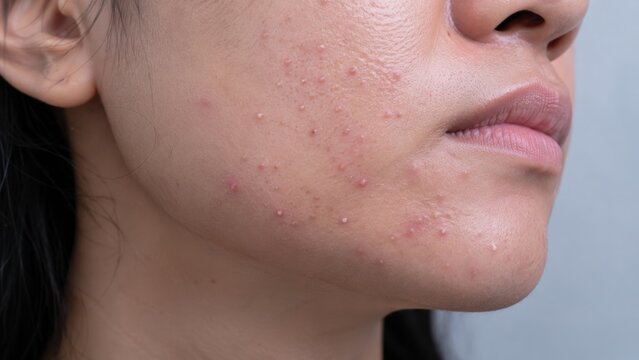 Close up of adult face with acne and blemishes on cheek and jawline skin texture