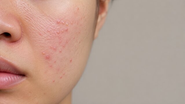 Close-up of cheek with acne blemishes and irritated skin on young adult face