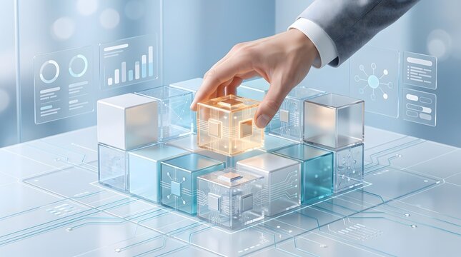 Smart technology implementation concept with businessman hand placing microchip data block surrounded by virtual analytics dashboards and digital network grids