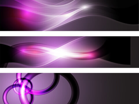 Abstract dark banner set with glowing purple waves, bright neon colors abstract backgrounds.