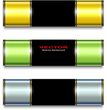 Luxury metallic banners in blue, gold and green on black, elegant 3D vector backgrounds.