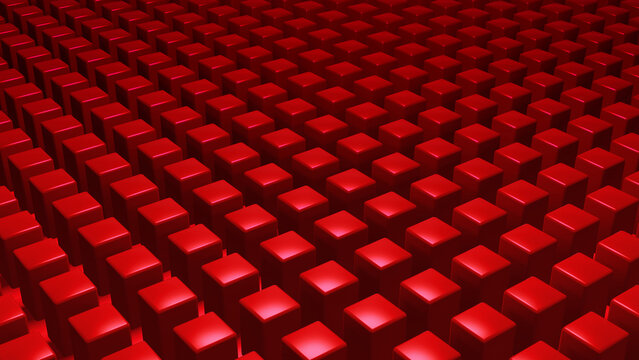 Monochromatic red geometric pattern of 3D cubes arranged in an isometric geometric grid, render illustration.