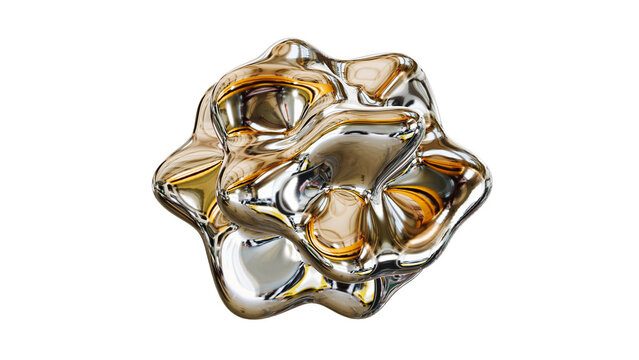 Abstract 3d metallic chrome liquid blob isolated on white, futuristic liquid metal object with high gloss reflection.