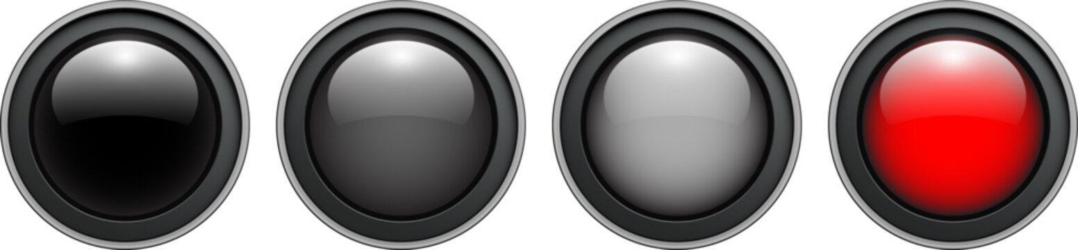 Glossy round button set with red status indicator, black, gray and red circular icons for website.