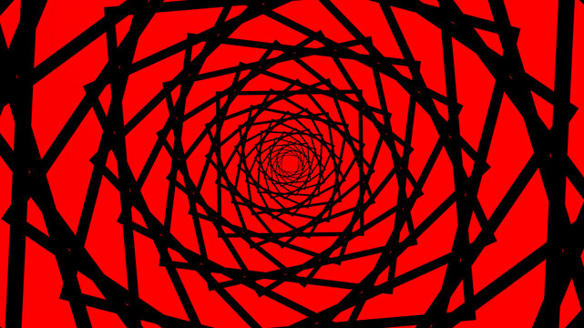 Abstract optical illusion spiral background, geometric black and red vortex 3D render illustration.