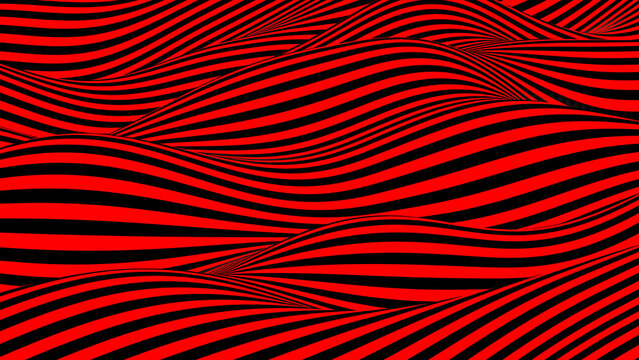 Wavy striped abstract background, red and black 3D wallpaper, rendering illustration.
