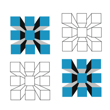 Three dimensional box grid structure with perspective view in blue and black or white line versions.
