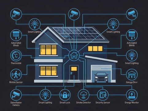 Smart home automation system network diagram with security cameras and devices