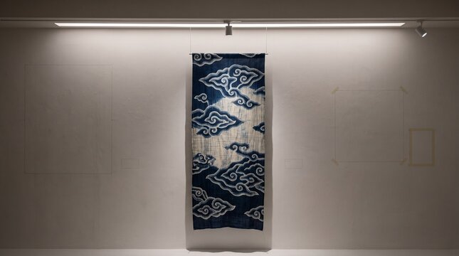 Authentic Batik Mega Mendung displayed in a museum-style setting for heritage education, tourism, publishing, and cultural marketing.