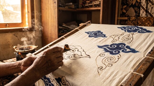 Anonymous artisan crafting Batik Mega Mendung using a traditional canting tool. Ideal for education, tourism, publishing, and heritage promotion.