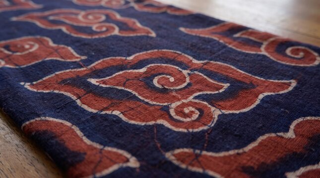 Detailed macro texture of Batik Mega Mendung fabric for textile design, education, publishing, and cultural heritage projects.