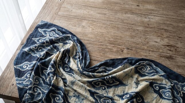 Authentic Batik Mega Mendung textile displayed with generous copy space for cultural publishing, tourism campaigns, corporate branding, and advertising.