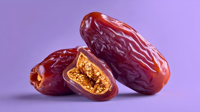 Photorealistic ajwa dates collection with one date cracked open revealing detailed inner texture on solid lavender studio background, rich dark brown glossy surfaces with natural wrinkles, 