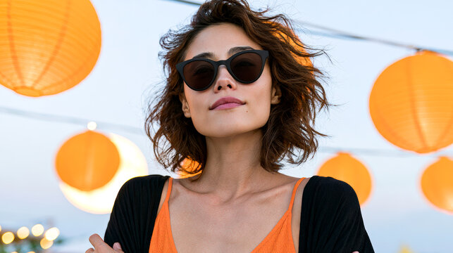 Stylish woman wearing sunglasses celebrates Diwali among glowing orange paper lanterns outdoors