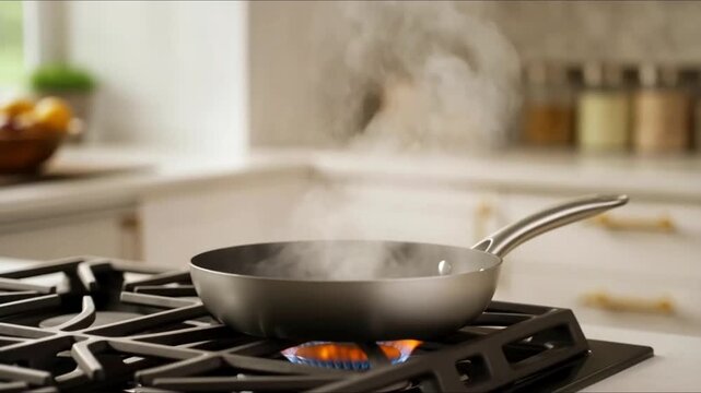 frying pan with a steam, hot frying pan on gas stove, rising steam in modern kitchen