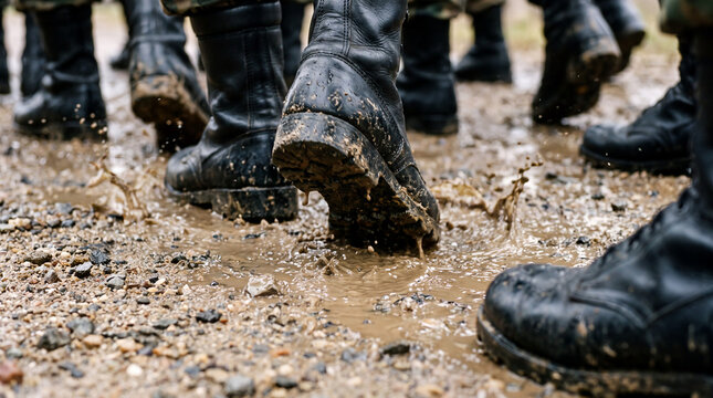 Close up of soldier lifting military boot with thick mud stuck on sole