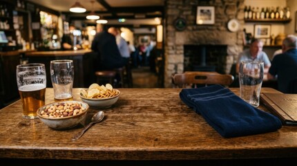 Obraz premium Pub table with beer glasses and snack bowls in rustic bar setting