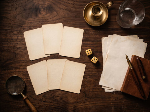 Top view of a vintage murder mystery game setup featuring blank cards, dice, a magnifying glass, and old journals.