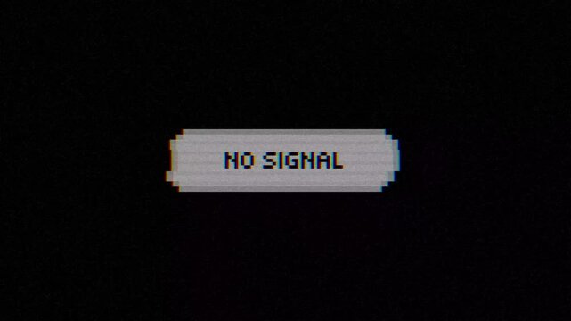 Retro television screen displaying a 'No Signal' message with analog noise and pixelated digital interference, evoking a sense of lost connection and vintage media error