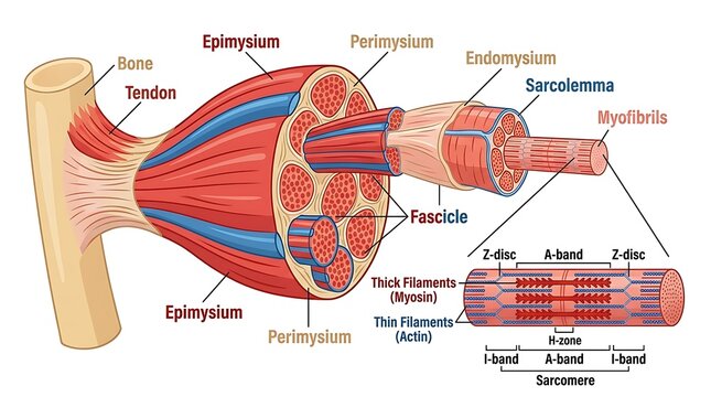 Educational diagram showing microscopic structure of skeletal muscle