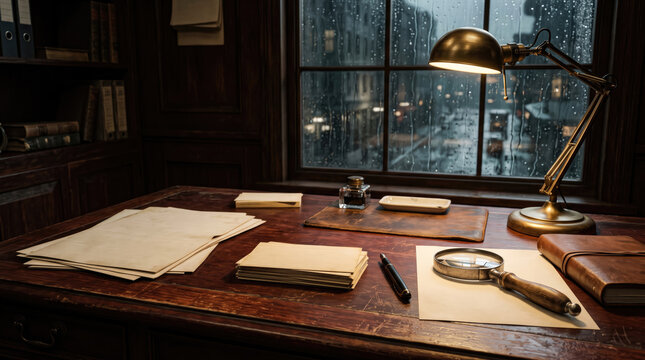 Vintage detective workspace with magnifying glass and blank papers on a wooden desk during a rainy night in office