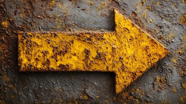 Close-up of a weathered, yellow painted arrow sign with rust and textural details