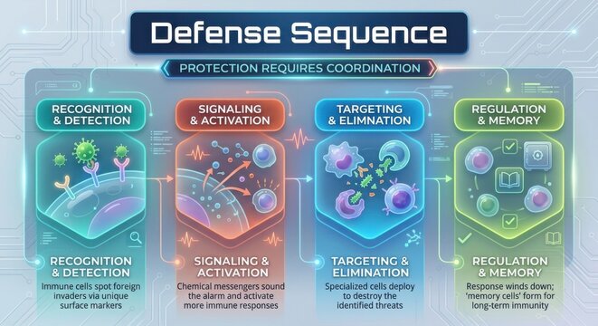 Immune Defense Sequence: Signaling, Activation, Targeting, and Elimination for Protection