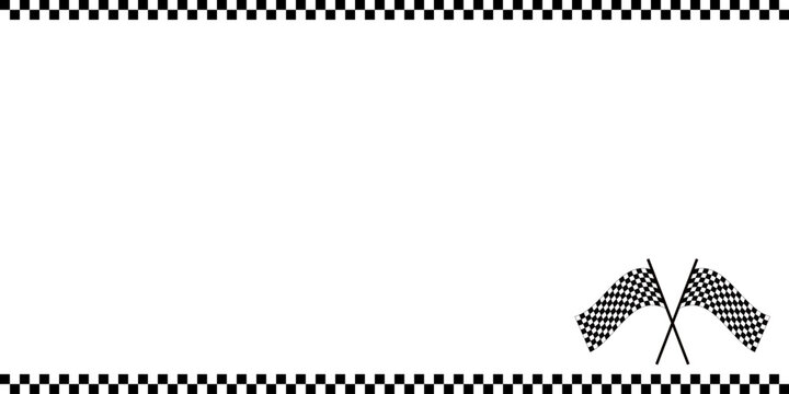 Clean racing background featuring black and white checkered borders with crossed finish flags and large copy space. Ideal for motorsport events, race promotions, posters, banners, and sports branding.