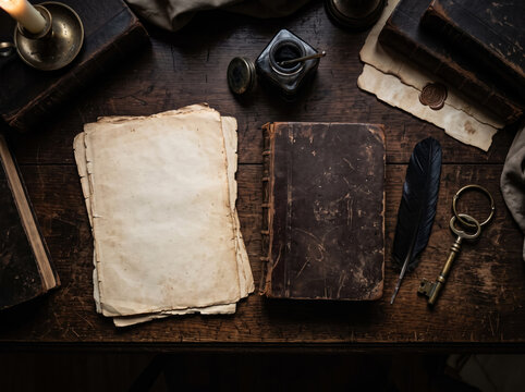 Vintage study desk with blank aged paper sheets, old book, quill, and antique key in a dark atmospheric setting