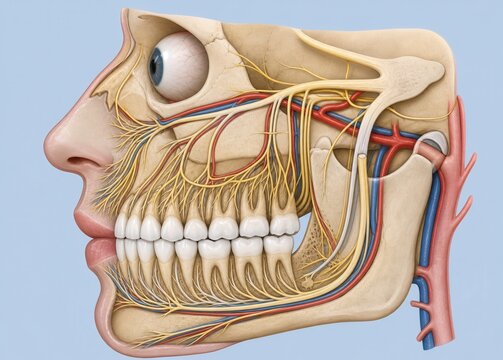 Facial anatomy cross section showing teeth nerves arteries and jawbone