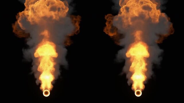 Dual Rocket Engine Thruster Fire and Smoke Exhaust on Black Background