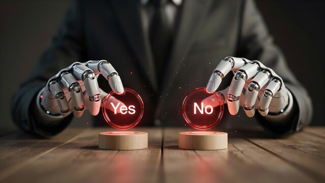 Robot making yes and no decision with business choice and artificial intelligence concept