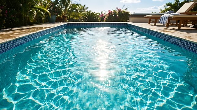 Serene clear blue swimming pool with sunlight reflections and lounge chairs