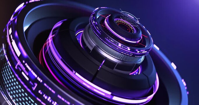 A futuristic 3D rendering of a glowing circular mechanism with concentric rings and intricate tech details in deep purple and blue tones.