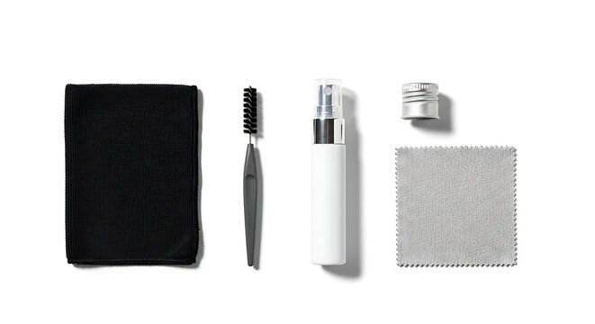Cleaning kit with microfiber cloths spray bottle brush and metal cap on a white background