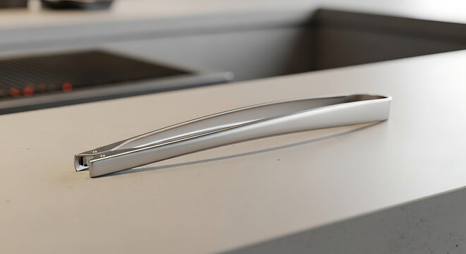 Silver toned kitchen tongs rest on a light colored countertop in a realistic rendering metal